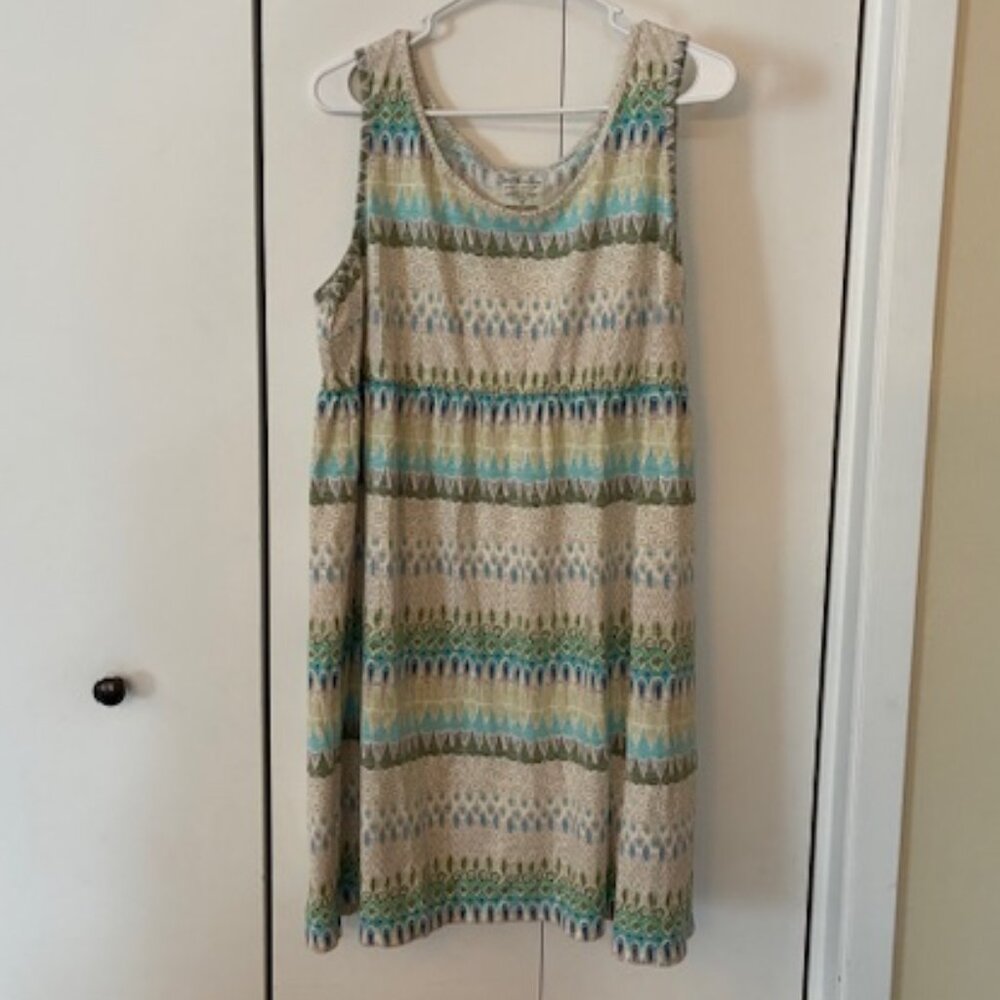 T-shirt style ladies sundress, tan and teal